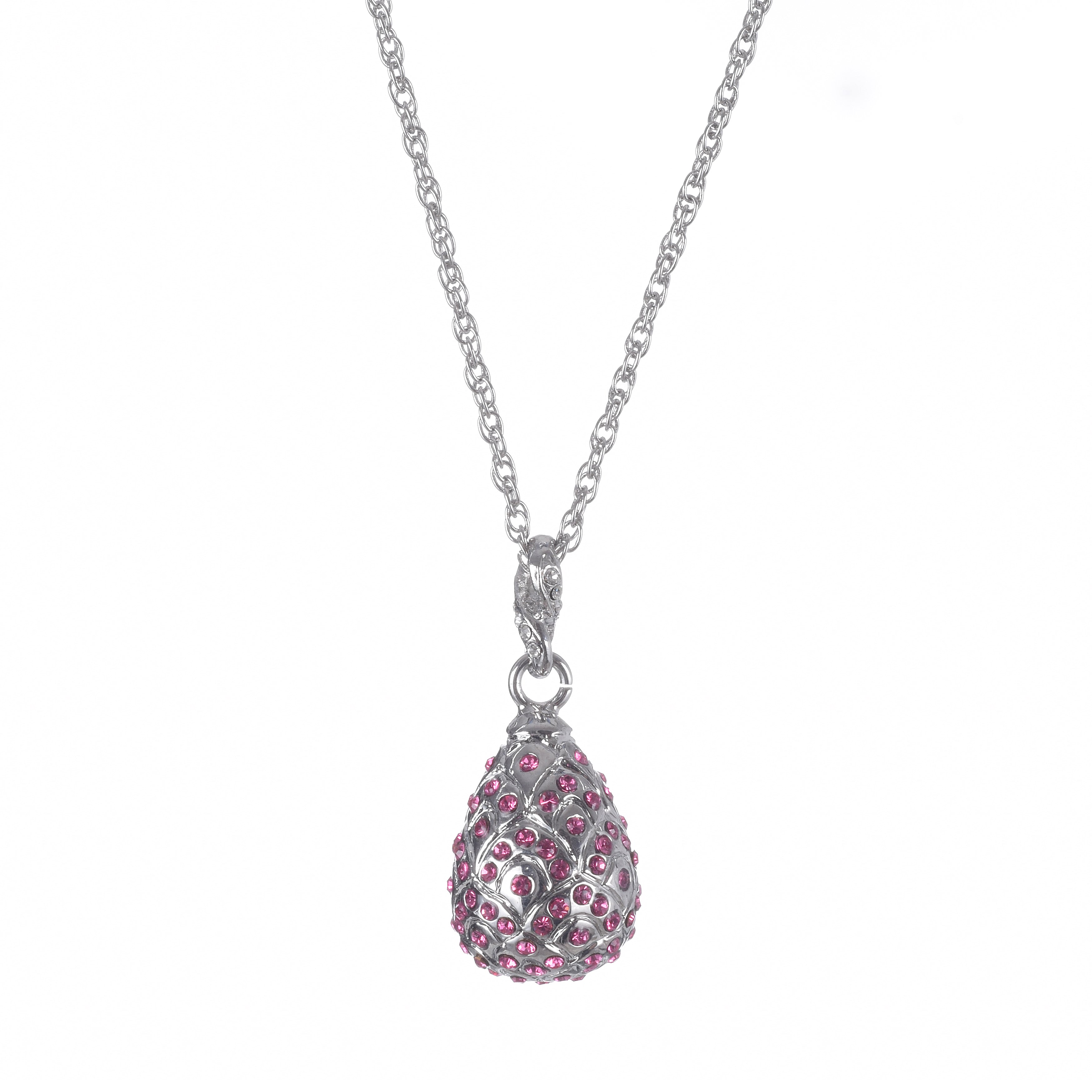 Silver Egg with Pink Crystals Pendant Necklace
