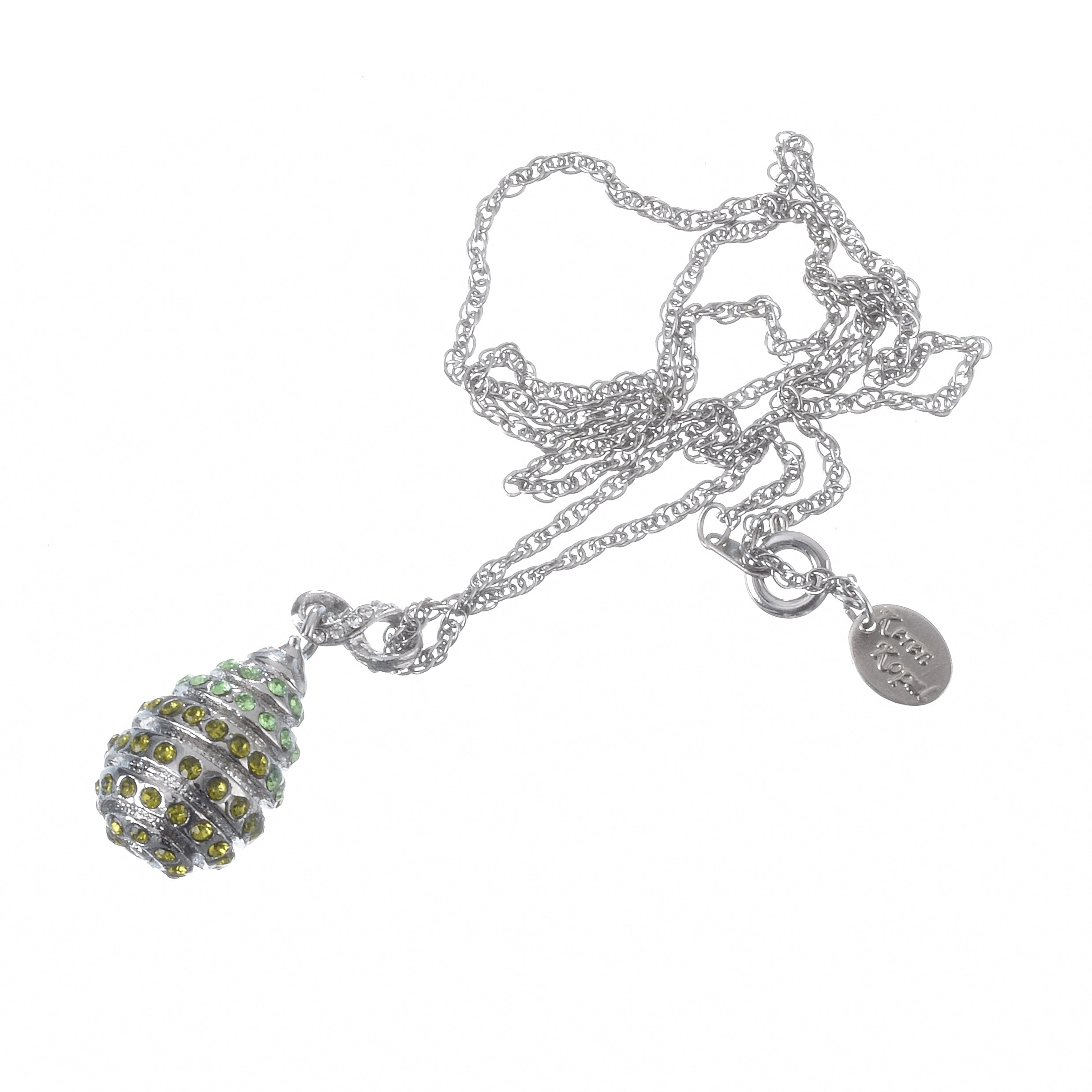 Silver Egg with Green Crystals Pendant Necklace